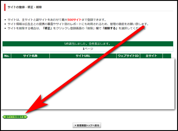 サイト情報の登録画面